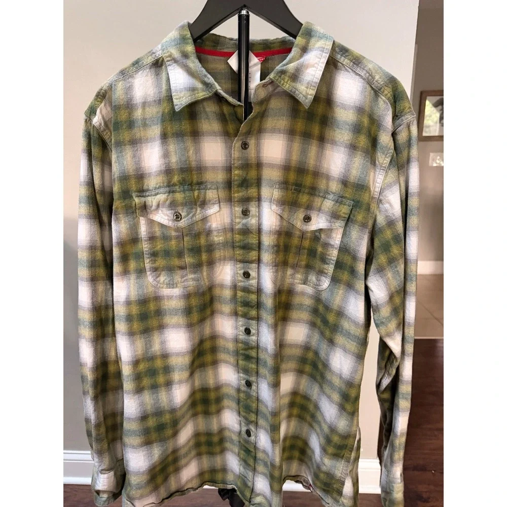 The North Face Mens XL Flannel Shirt Green Plaid Long Sleeve Button Down Western